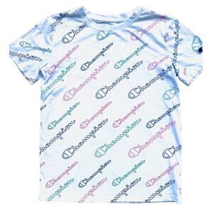 Champion White T-Shirt Red Teal Blue Script Logo All-Over Design Youth Boys L